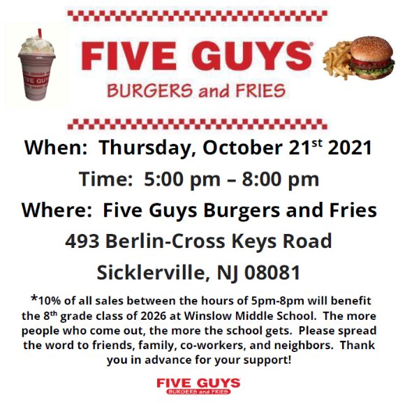 Five Guys Fundraiser for the 8th Grade